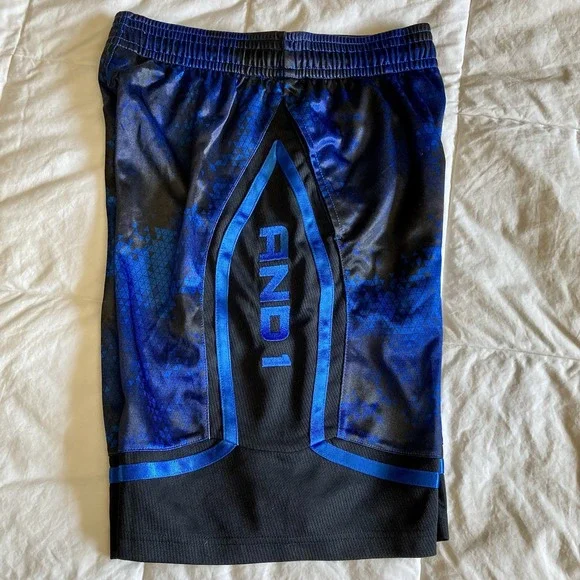 And1 Mens Small Basketball Shorts Silky Shiny Dazzle Blue Black Geometric Pocket - Picture 3 of 14